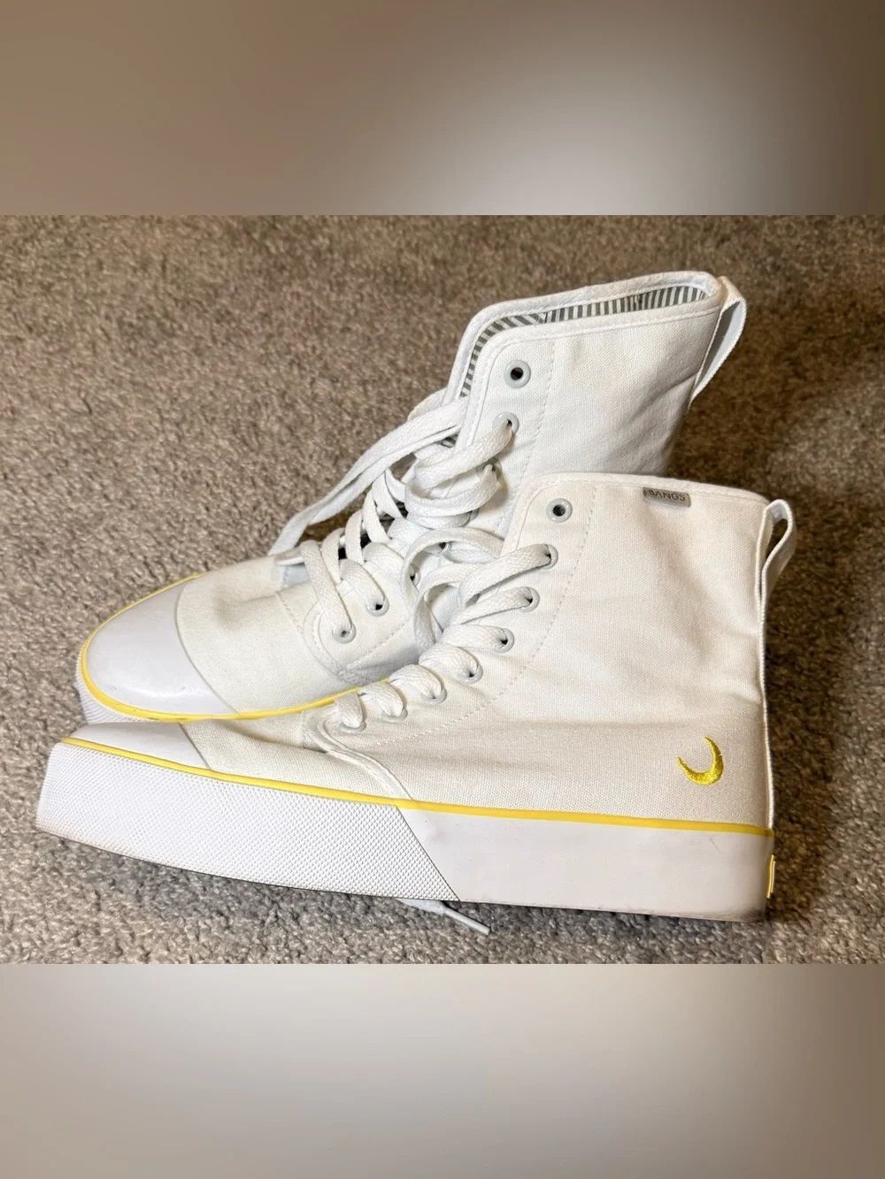 Bangs White High-Top Canvas Sneakers with Yellow Crescent Accent